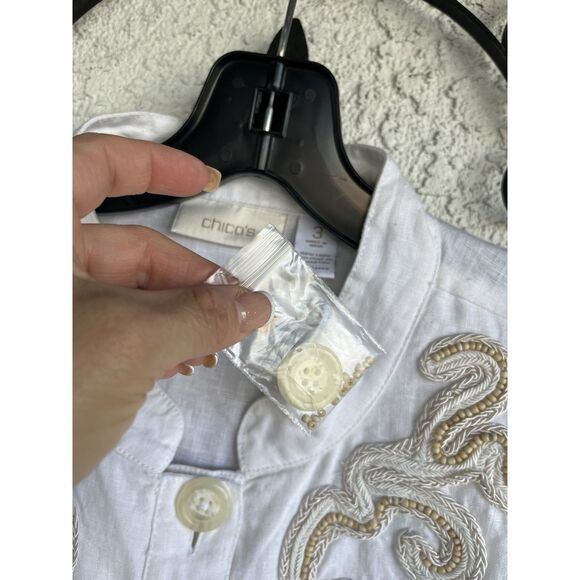 Chicos Linen Boho Beaded Jacket - Size 3/ XL Or 16 - White/ Tan Beads - Picture 9 of 9
